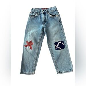 Reworked kids relaxed fit Levi’s Stylish Blue Jeans with Unique Patches-6